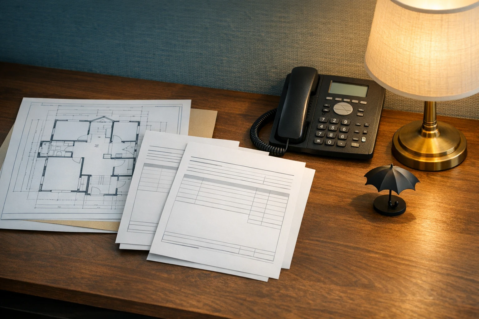 An organized claims support desk with blank forms, a home blueprint, a phone, a lamp, and a small umbrella.