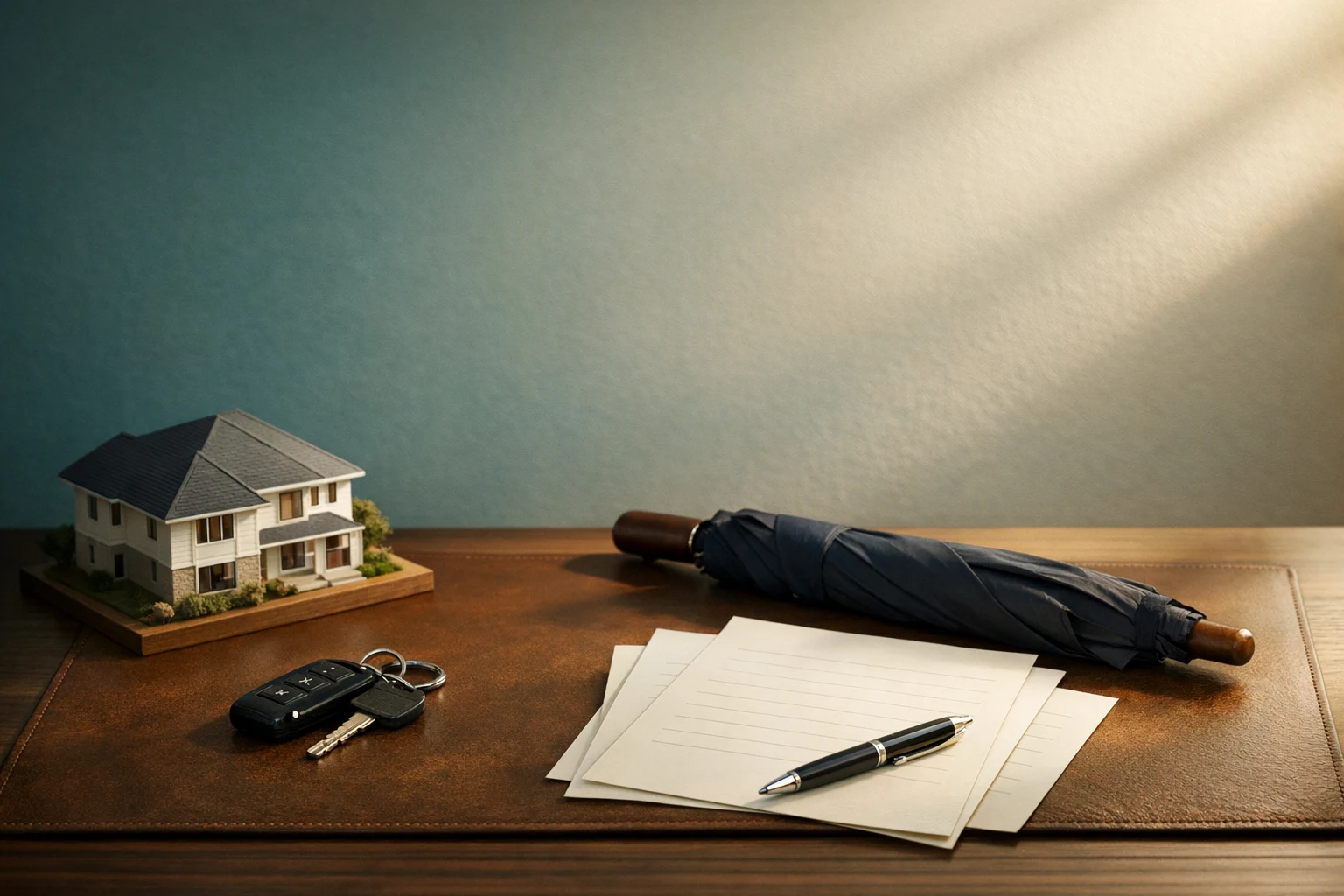 A calm insurance desk with a model home, car keys, blank policy papers, and an umbrella.