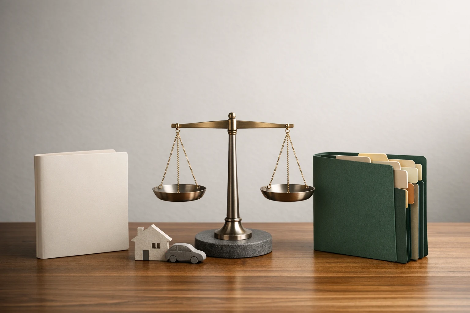 A balance scale between a thin policy folder and a fuller policy folder with a small home and car model.